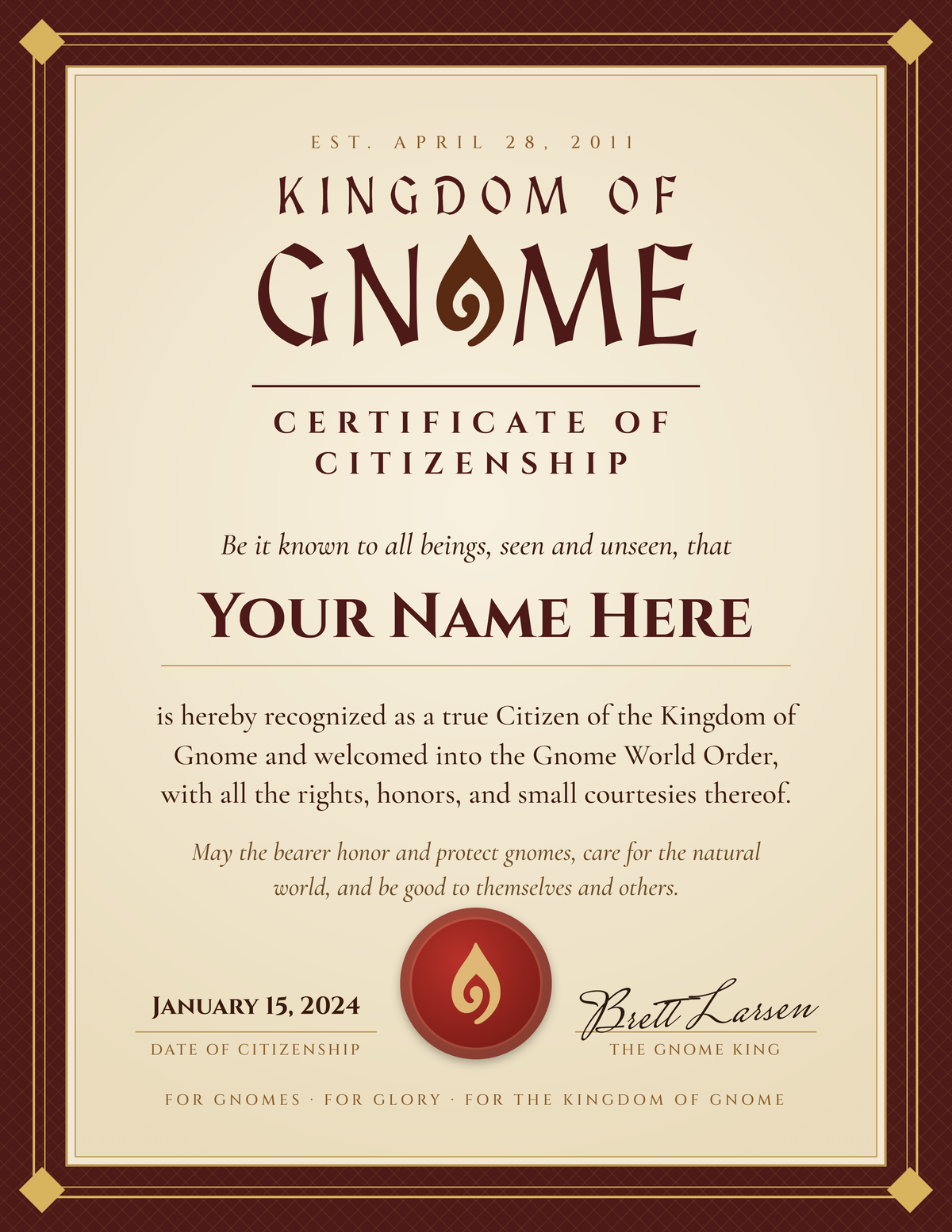 Royal Red Kingdom citizenship certificate sample with placeholder name and date