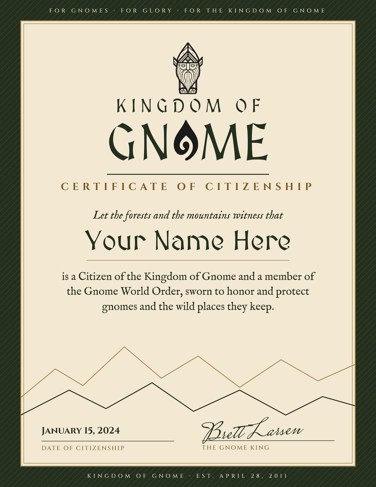 Forest & Mountains Kingdom citizenship certificate sample with placeholder name and date