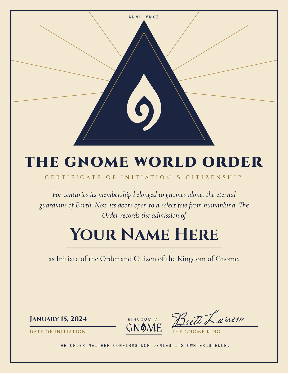 Gnome World Order Kingdom citizenship certificate sample with placeholder name and date